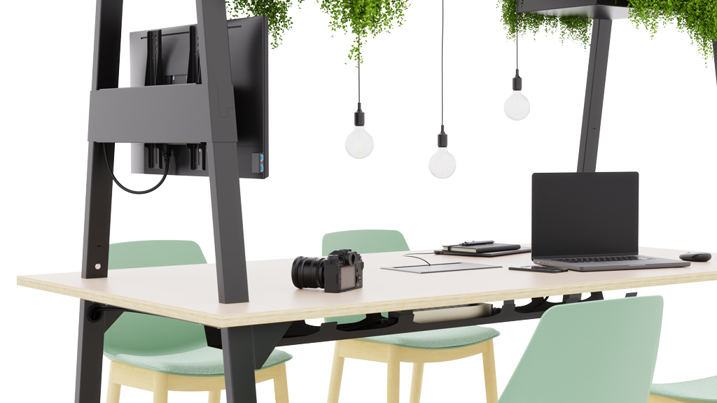 Crew collaboration table with in-surface hidden power and data from Metalicon