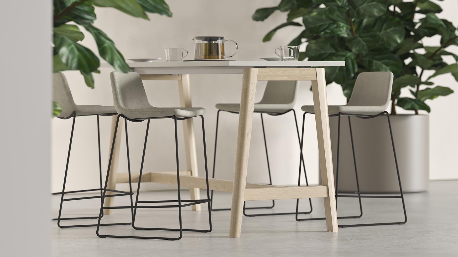 Nova Wood high table with Twist &amp; Sit high fabric stools