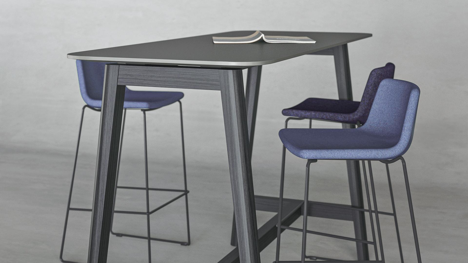 Twist &amp; Sit high fabric stools accompany Nova Wood high table with black ash legs