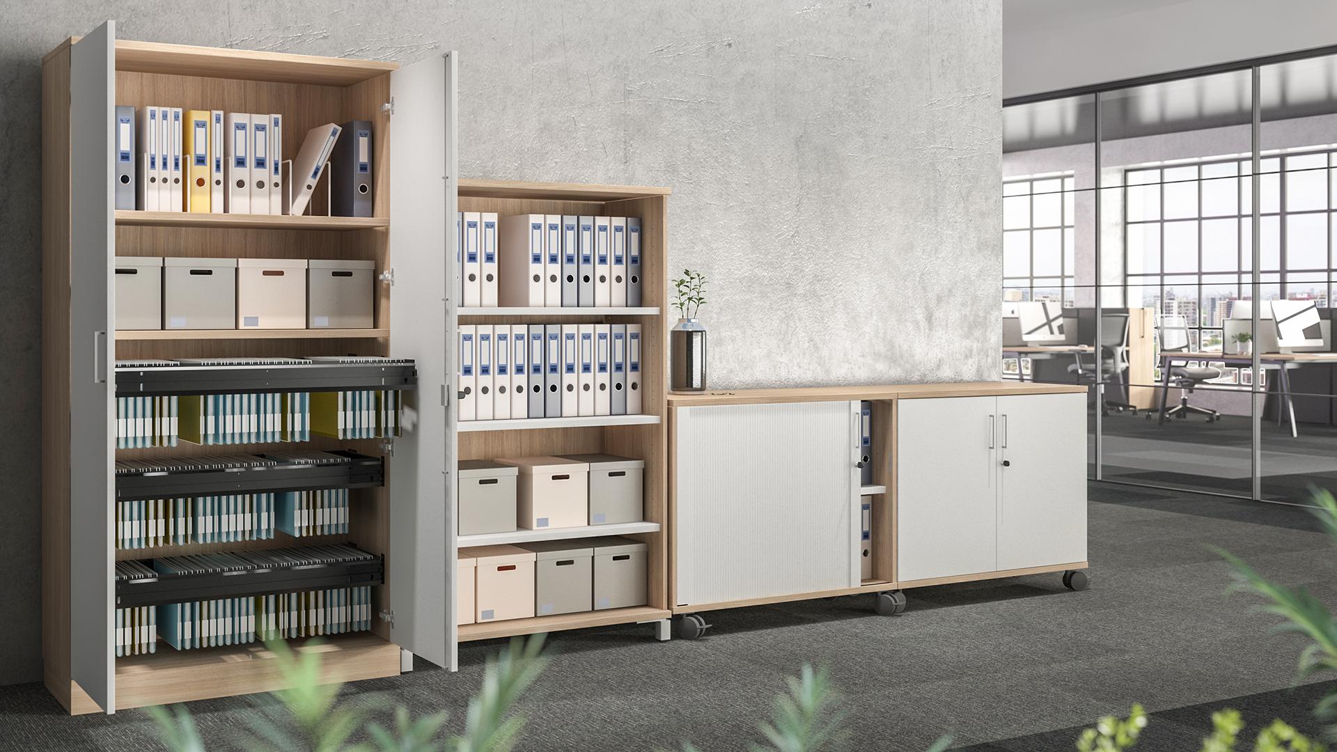 Uni storage cabinets and shelves with low tambour door cabinet