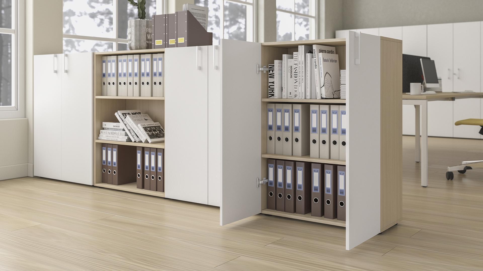 The Nova storage range offers cabinets, cupboards and shelves at various heights