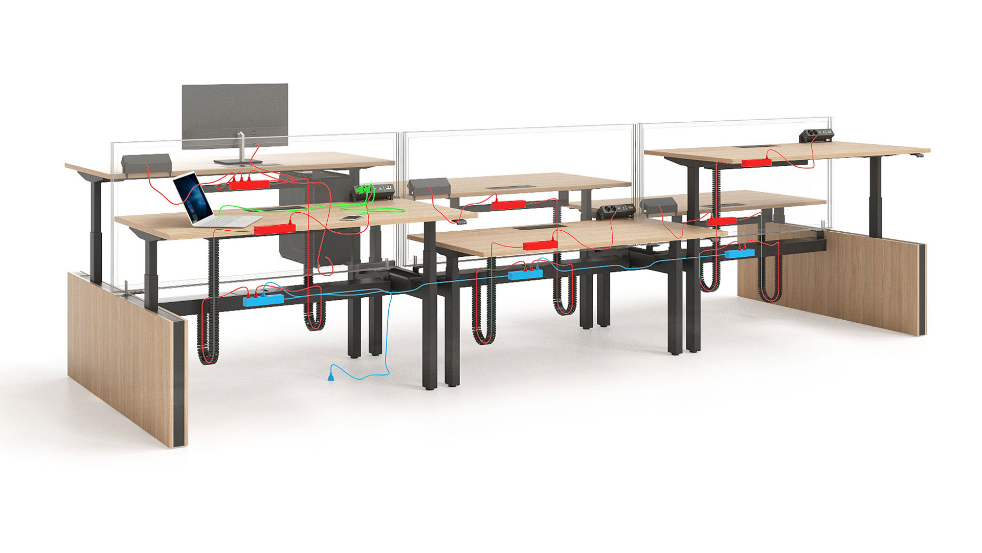 Motion sit/stand bench desks includes a complete cable management solution