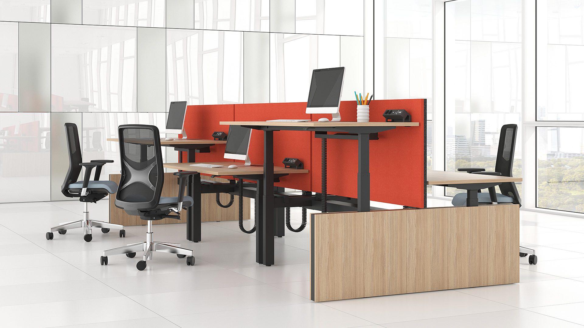 Modus desk divider screens in grey and red on Motion bench desk
