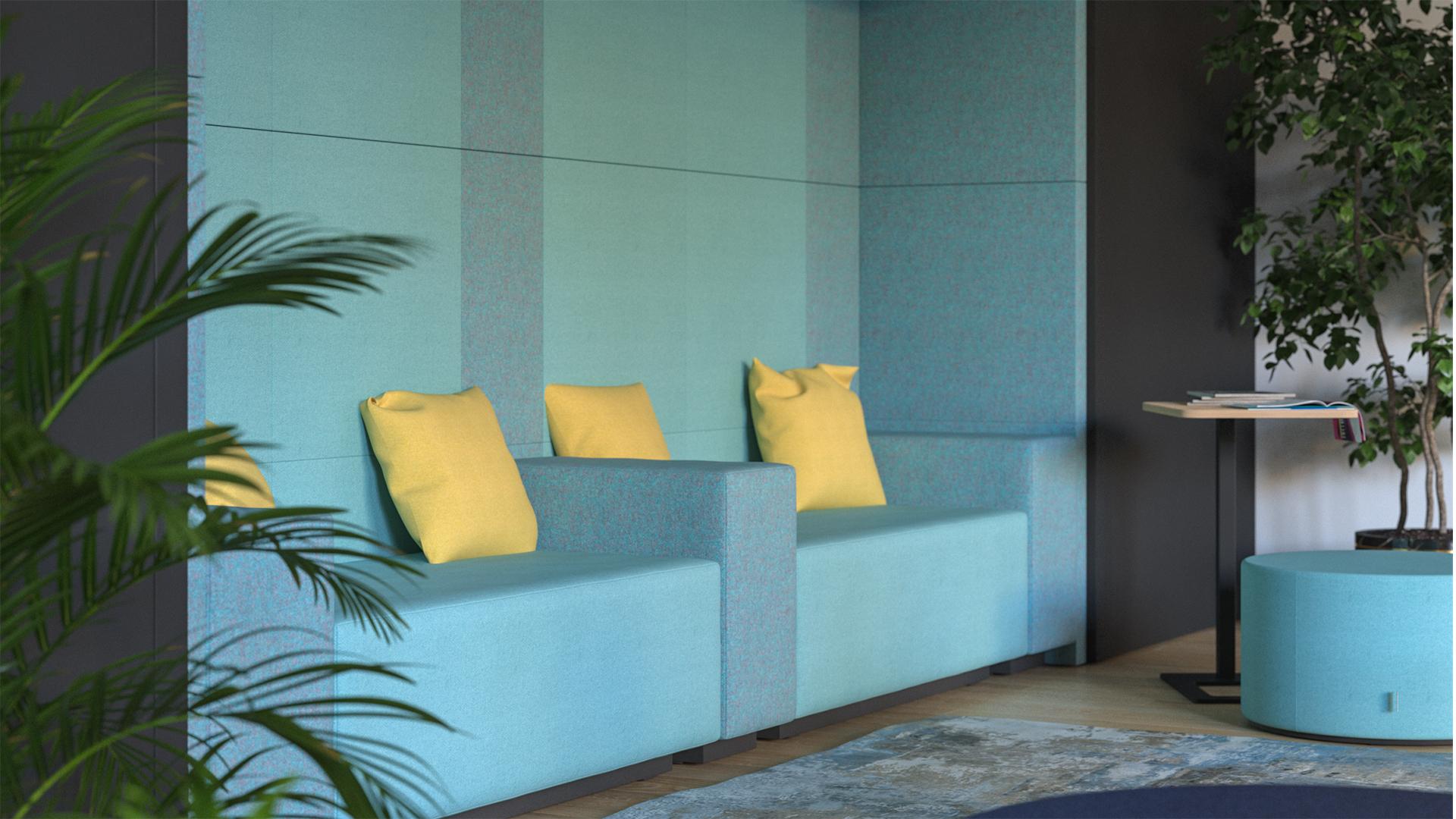 Modus Light panels with Jazz Chill Out modular soft seating creates comfortable and colourful breakout areas
