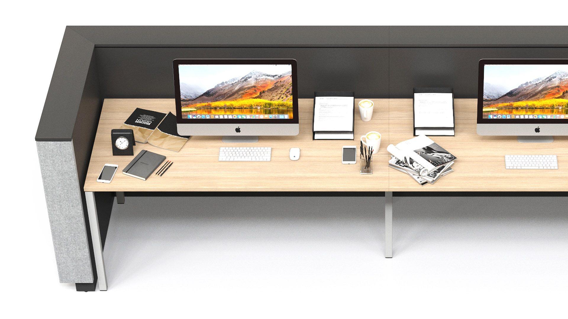 Domino reception desks work seamlessly with Narbutas bench desking and sit/stand desks