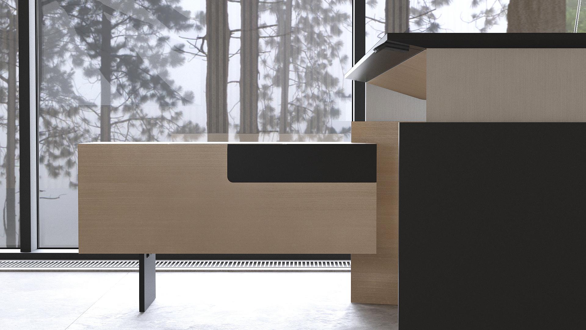 The personal pedestal drawers close flush complementing the sleek desk design