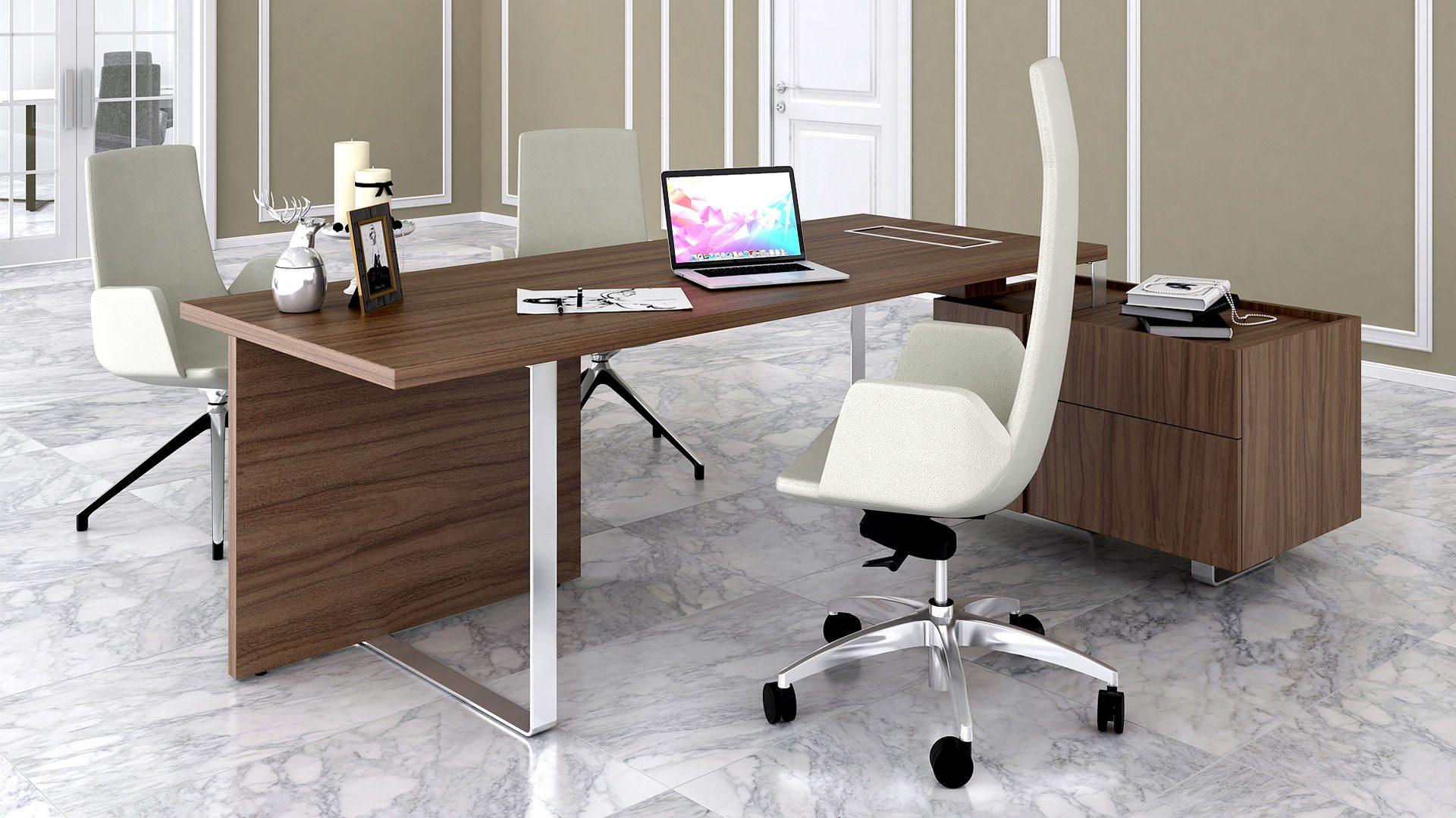 Plana executive desk in dark walnut with North Cape task and meeting chairs