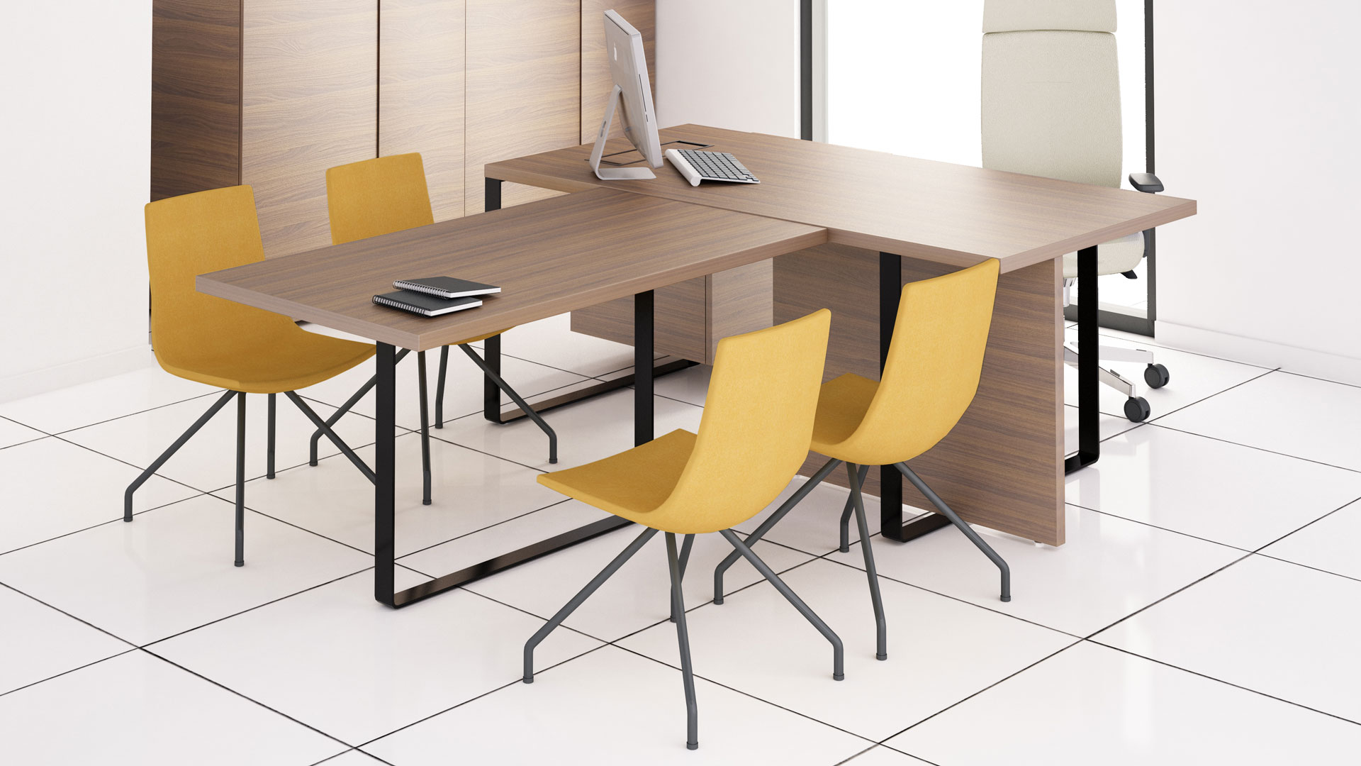 Plana executive desk combined with meeting table and North Cape meeting chairs