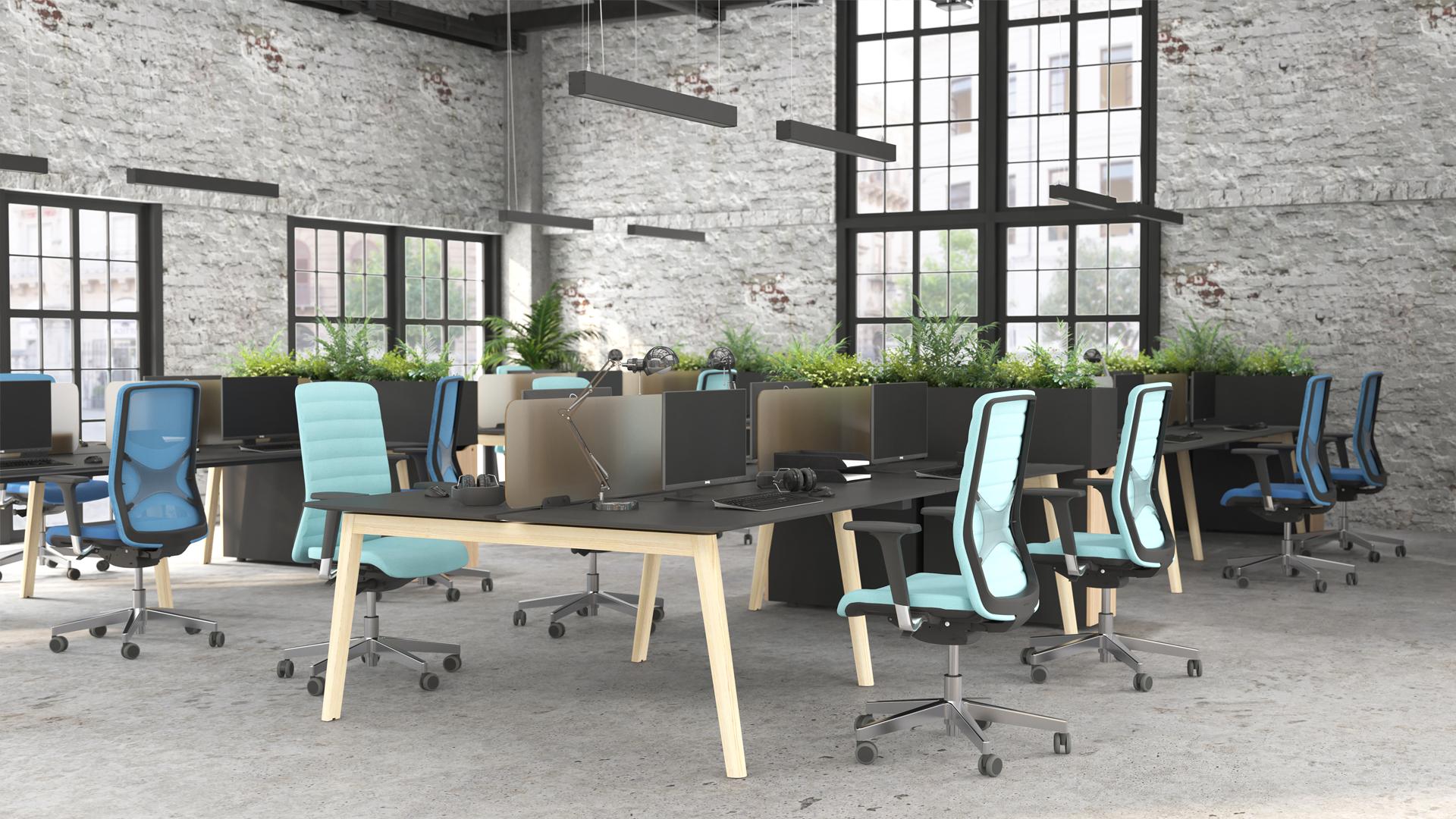 Wind task chairs in blue with Nova Wood bench desks