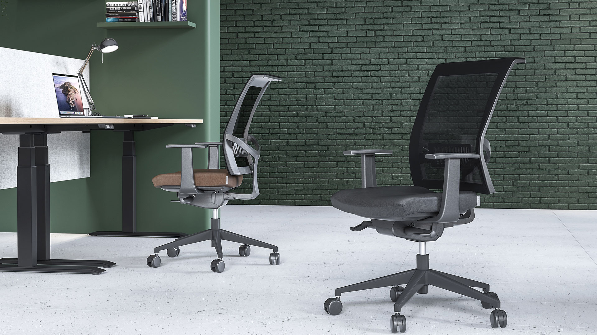 Eva II mesh back task chairs with Easy sit/stand desks