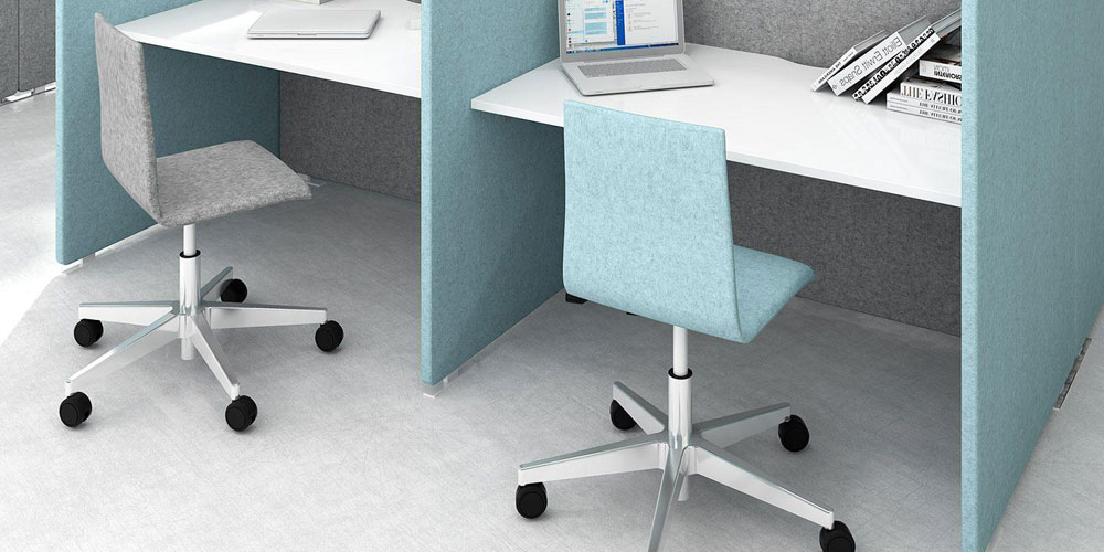 MOON task chairs in serendipity grey Camira Synergy fabric and light blue Gabriel fabric.