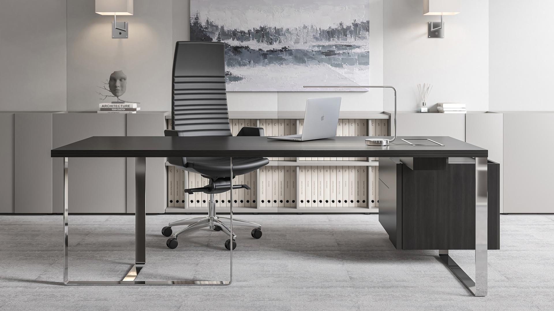 Complete the executive feel with black leather finish, shown with Plana executive desk