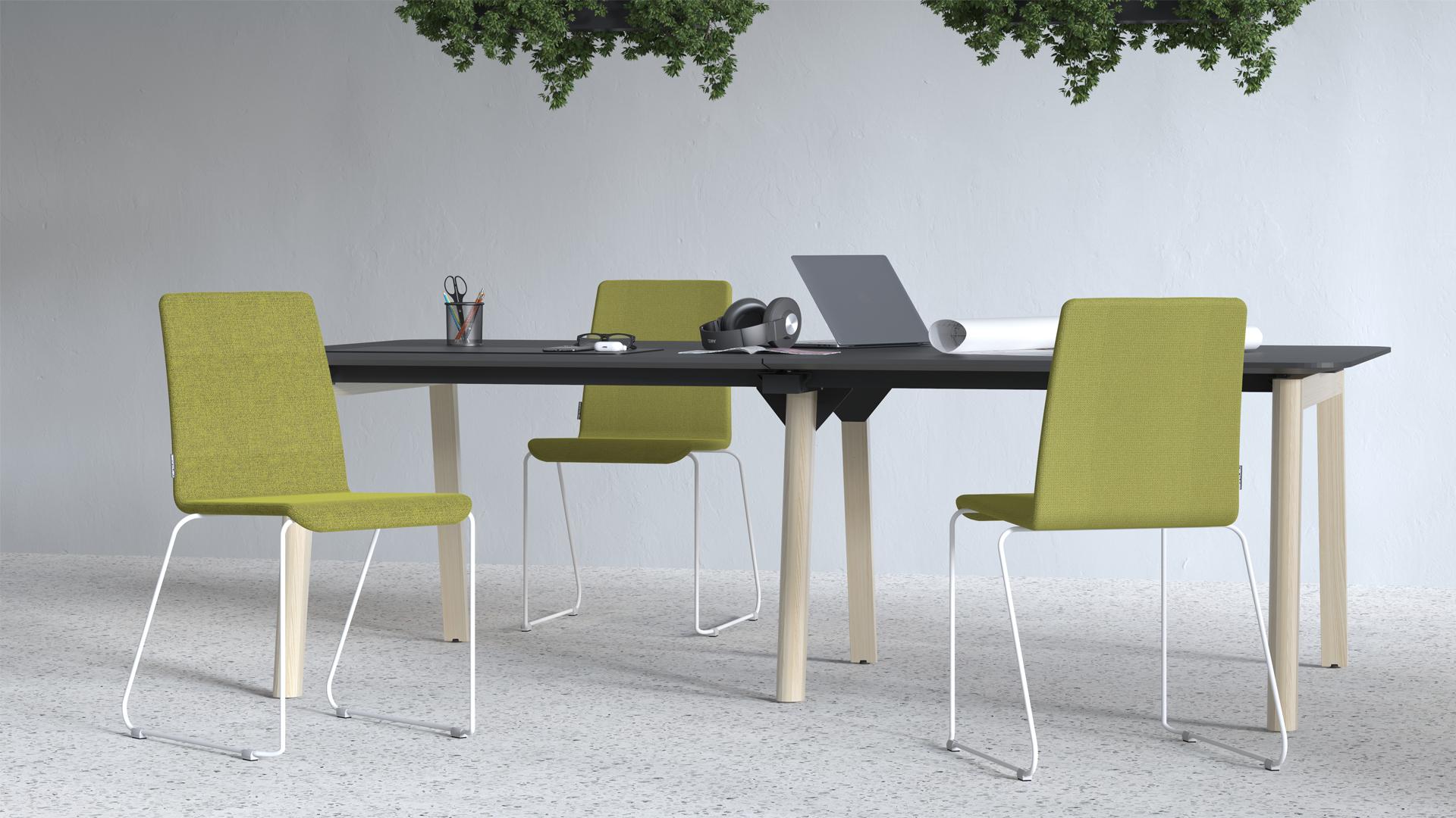 Moon meeting chairs in green fabric with Nova Wood desk