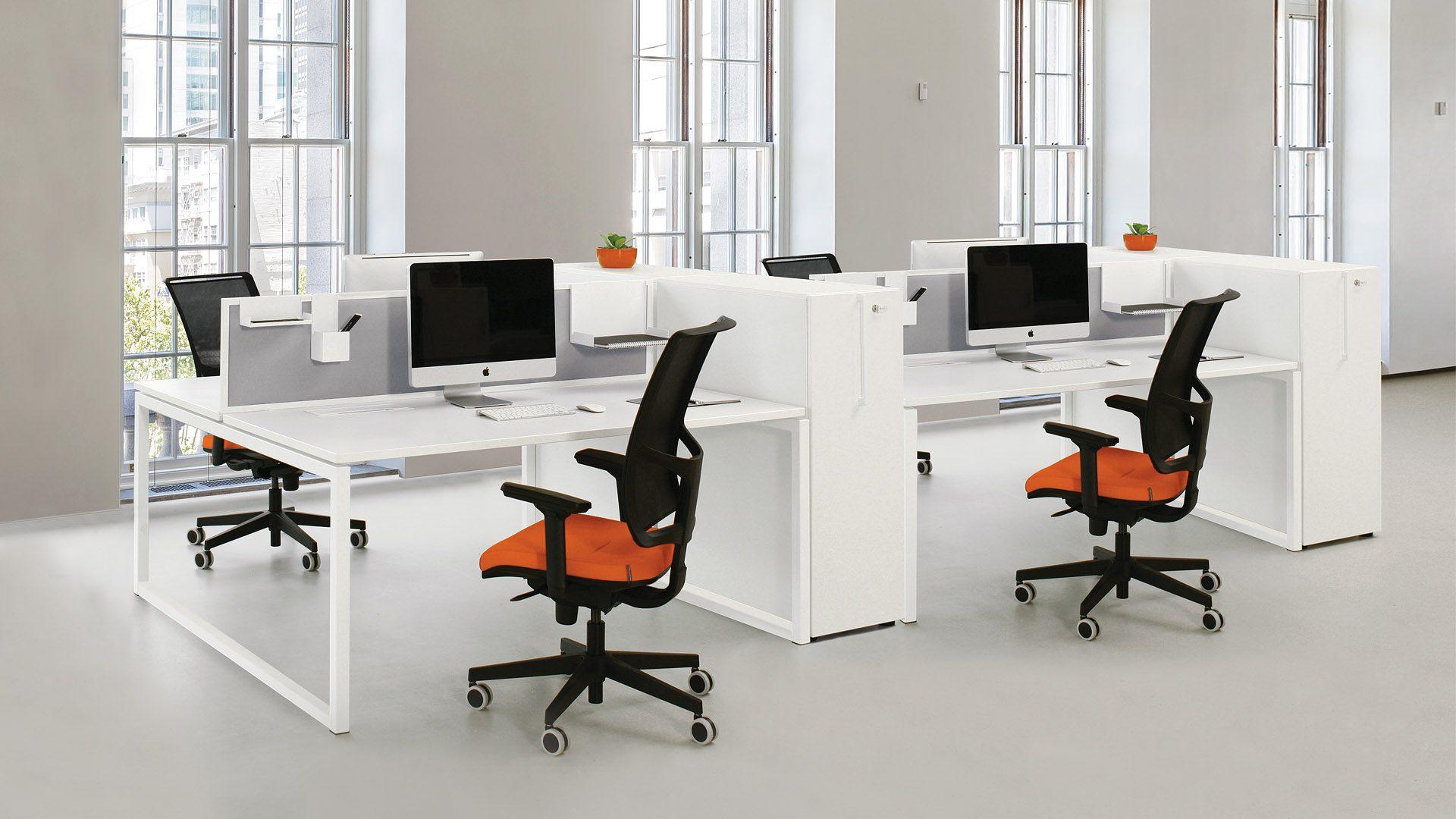 Nova bench desking integrates seamlessly with Boxi storage towers