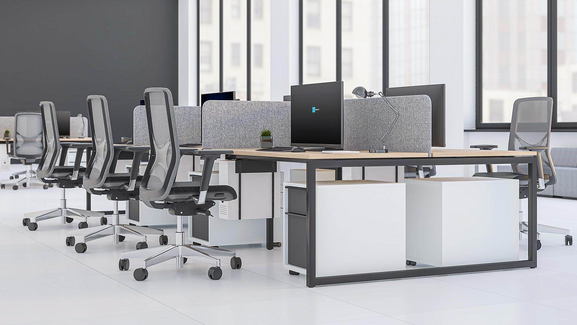 Nova O-leg bench desking with fabric desk divider screens