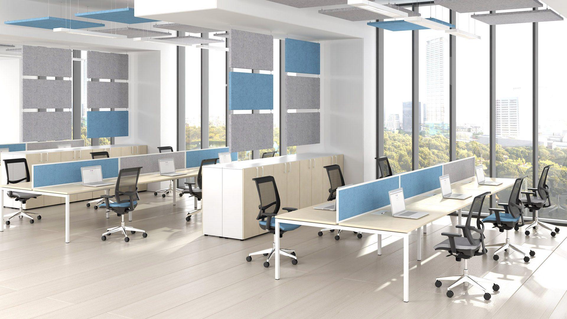 Open plan office layout using Nova U-leg bench desking and Nova storage cabinets