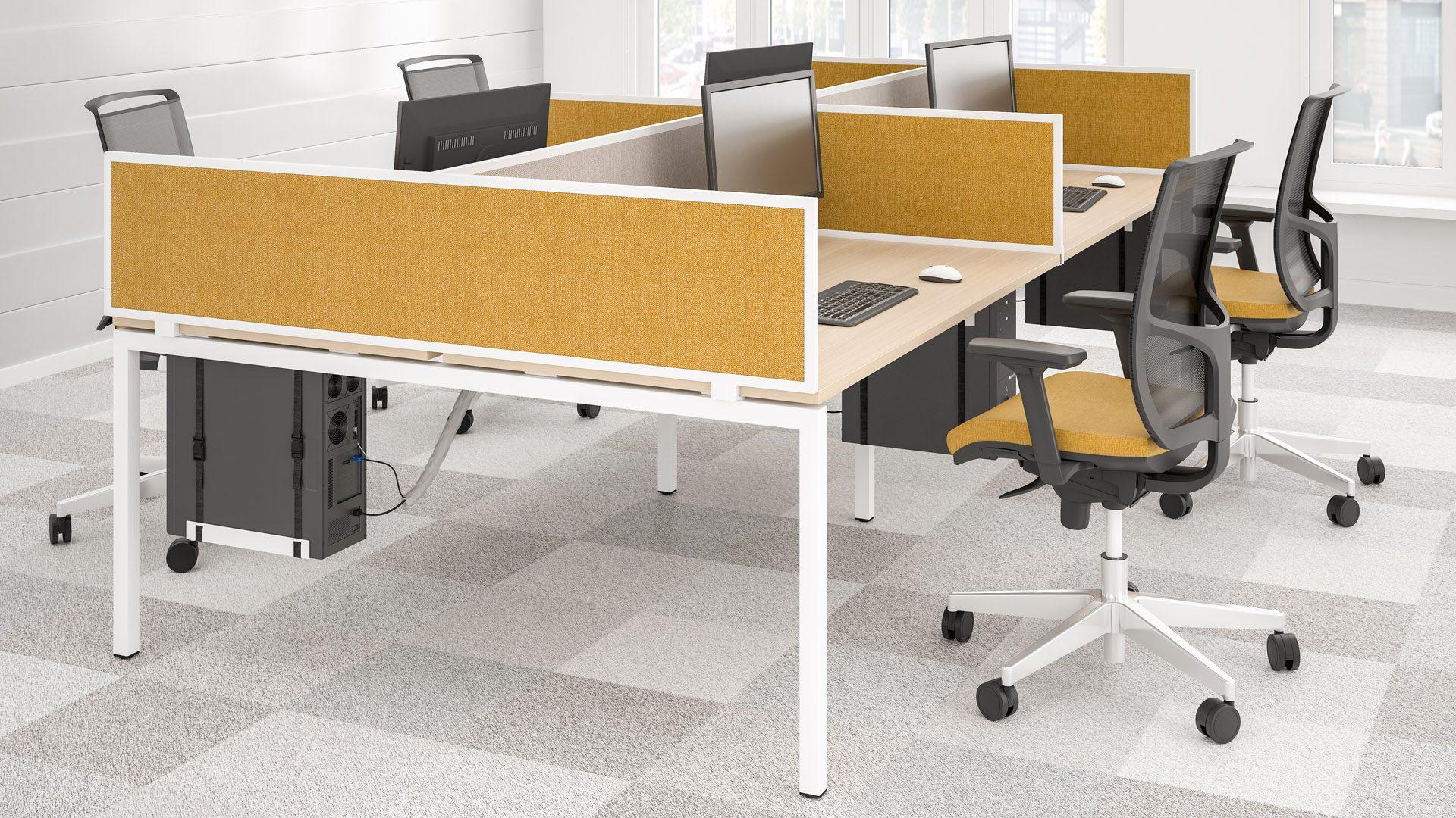 Nova bench desks with framed fabric desk divider screens in mustard