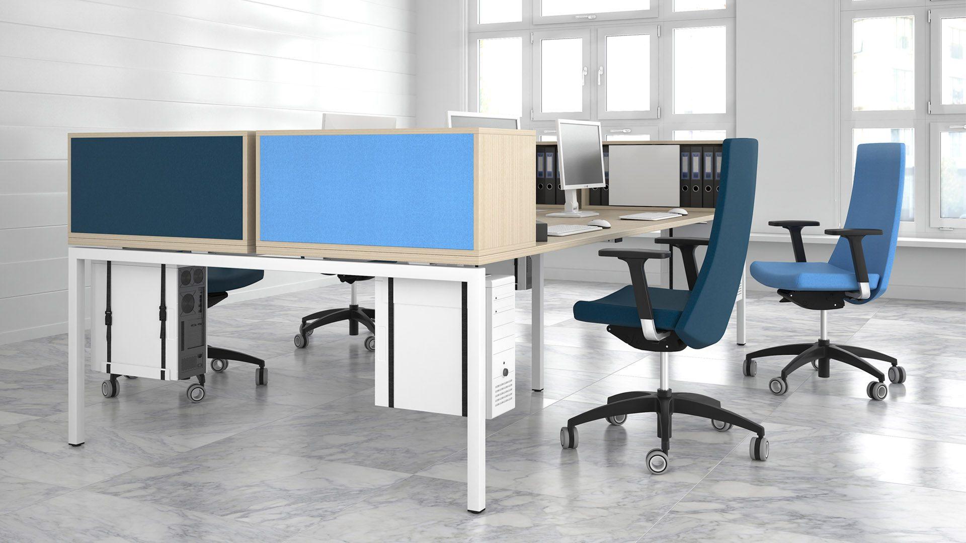 Nova bench desks with fabric back storage shelves and Metalicon CPU holders