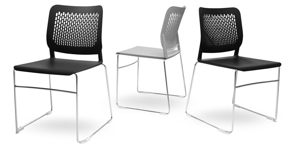Wait sled base conference chairs in black and grey plastic with chrome legs