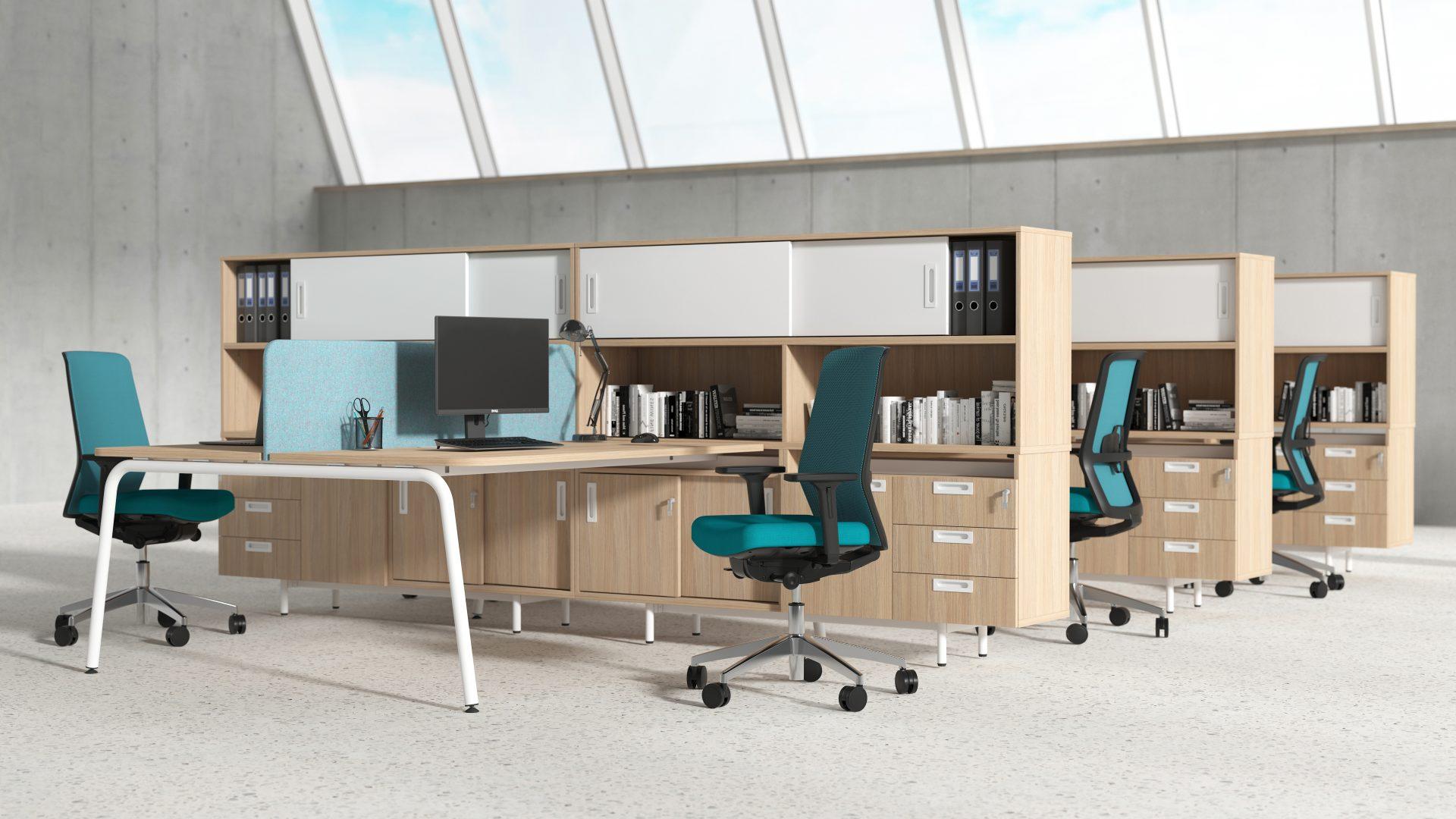 Round workstations combine bench desks with storage cabinets and drawers
