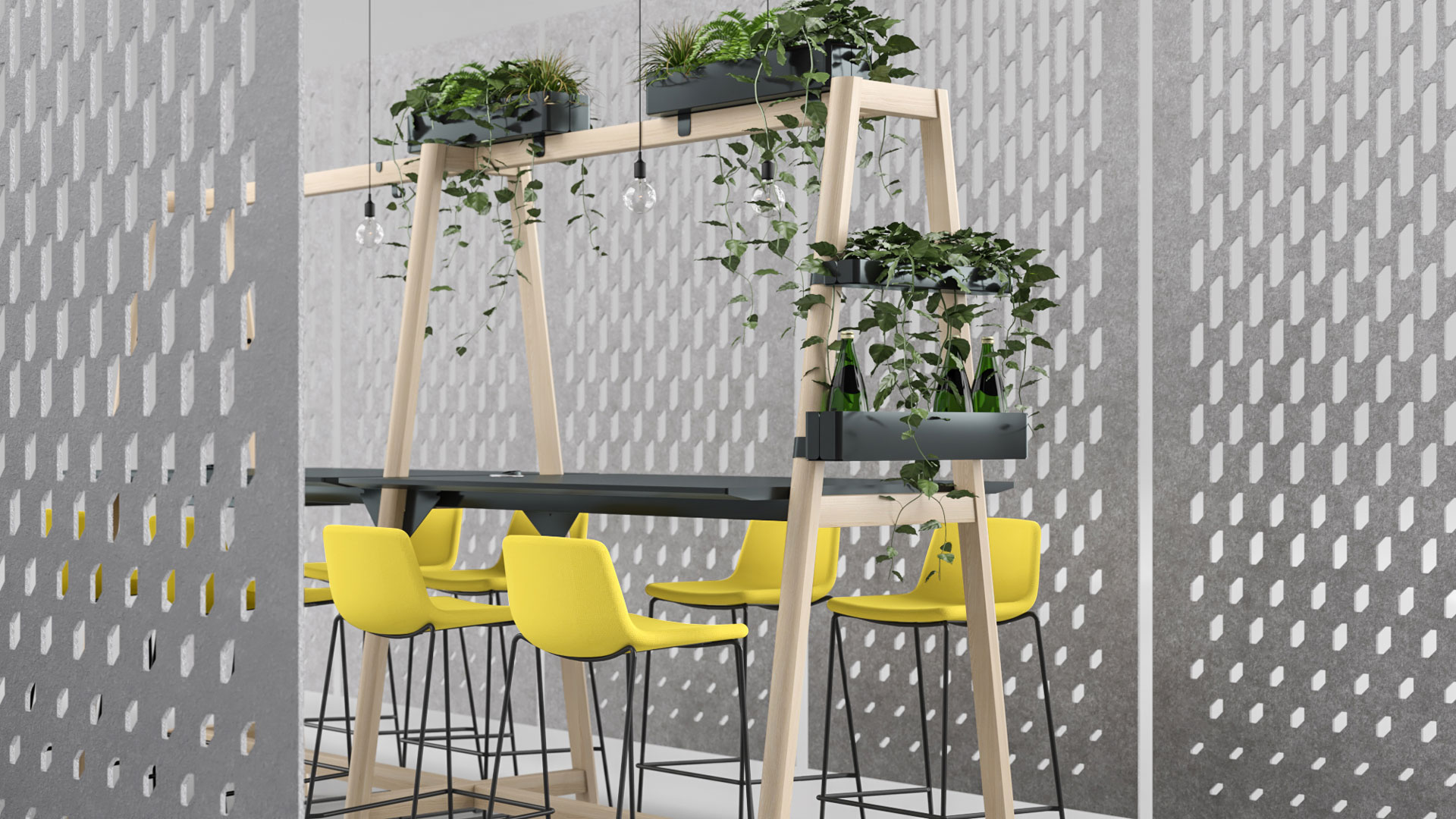 Nova Wood Multipurpose with plants in trays and Twist &amp; Sit fabric stools