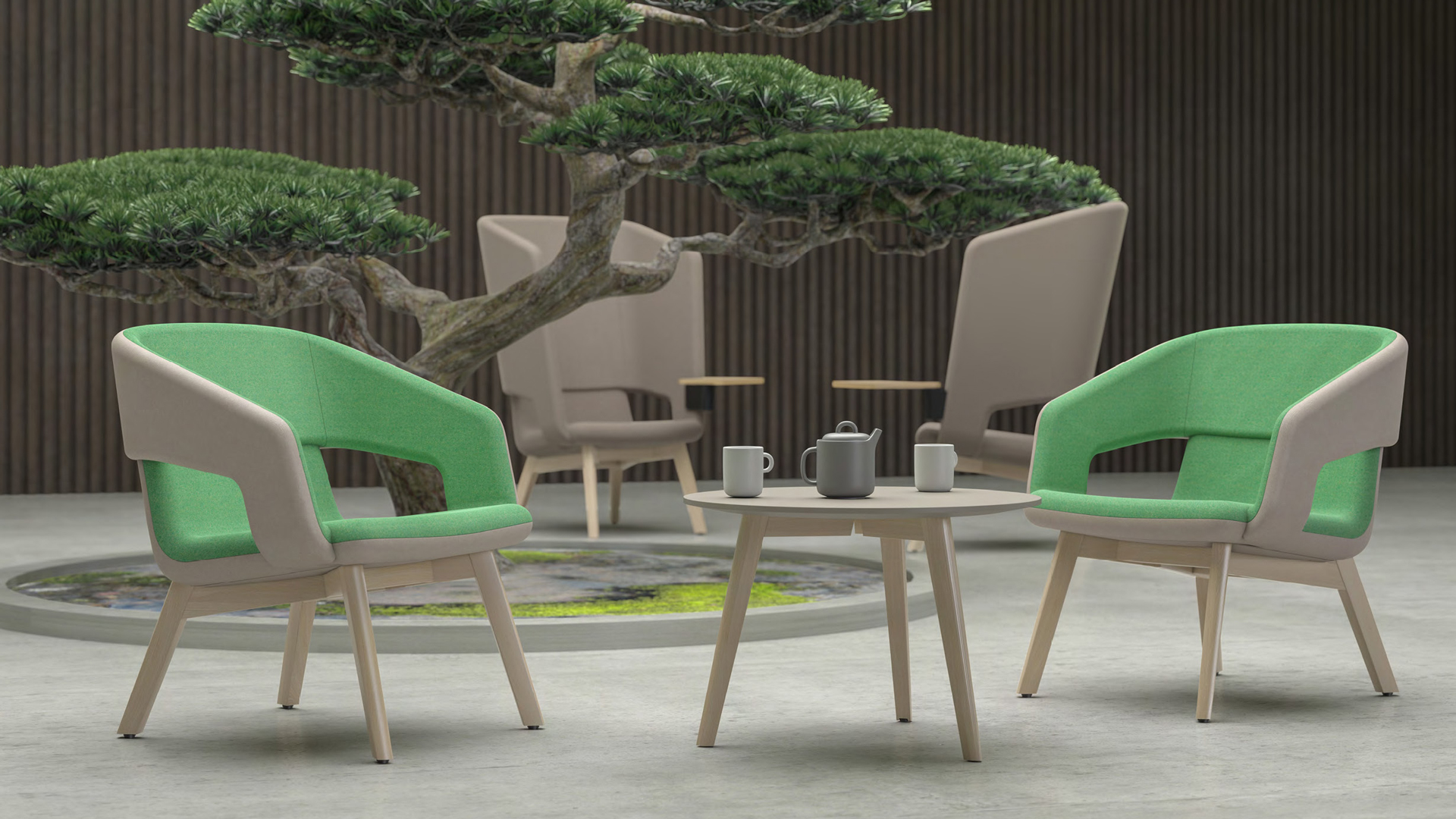 Twist &amp; Sit Soft armchairs in green and grey with ash wooden legs