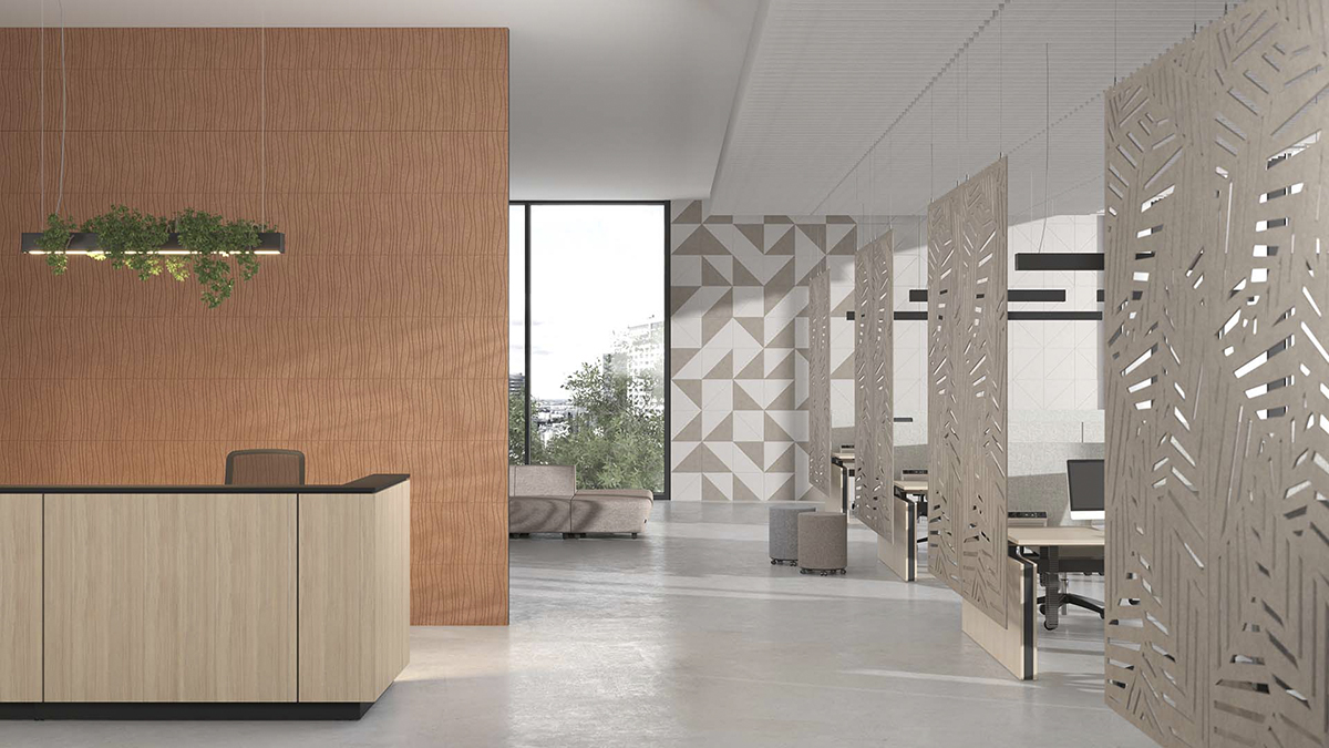 Acoustic PET partitions and wall tiles are available in a variety of patterns