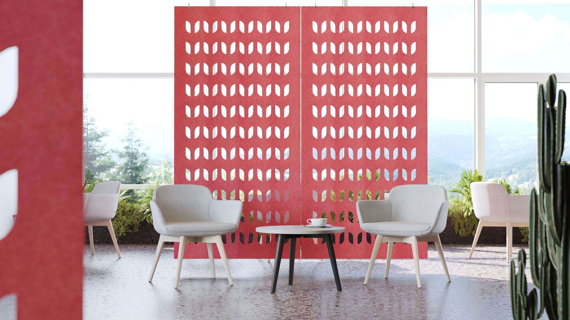 Acoustic Artwork PET partitions in dark pink with Flow pattern