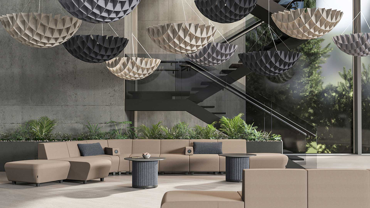 Cloud baffles are available in 12 colours to match Parthos tables and columns