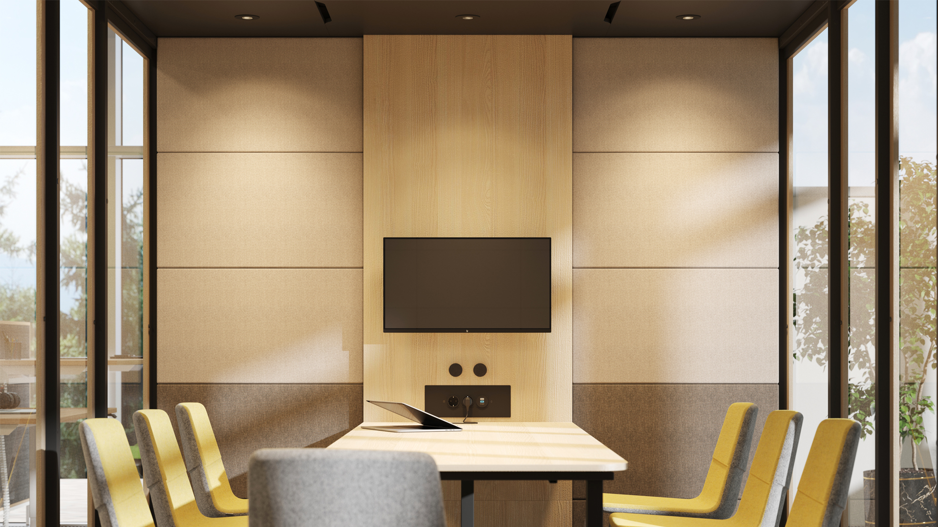 Silent Room XL interior with TV screen, power sockets and charging
