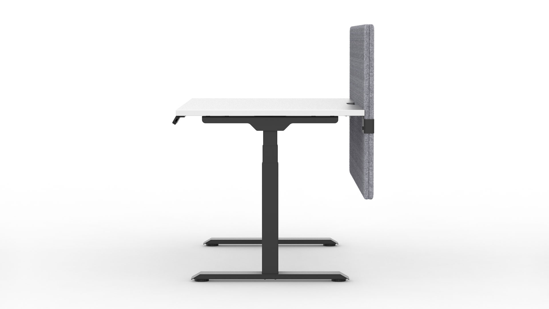 Acoustic desktop screens are double-sided and attach to the desktop, maintaining privacy when the desk is raised