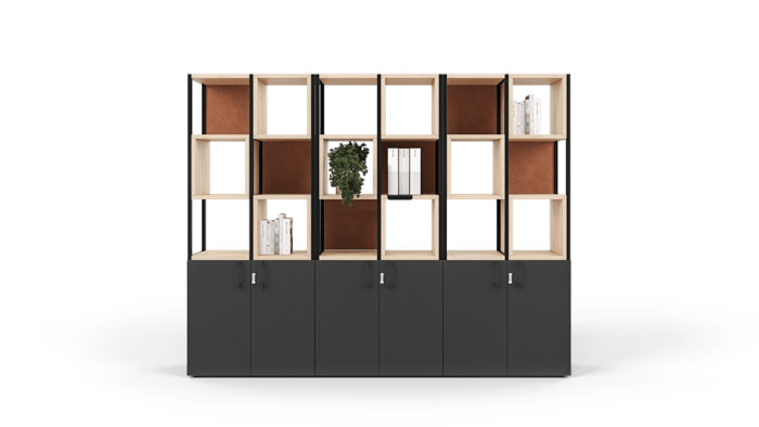 Combus modular storage with box shelves and lockable cabinets