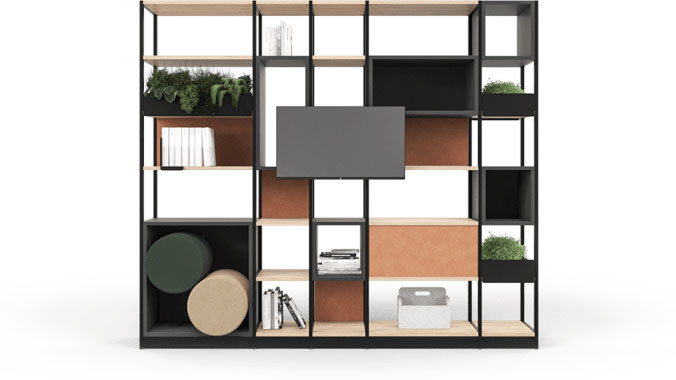 Combus modular storage with shelves and TV mount