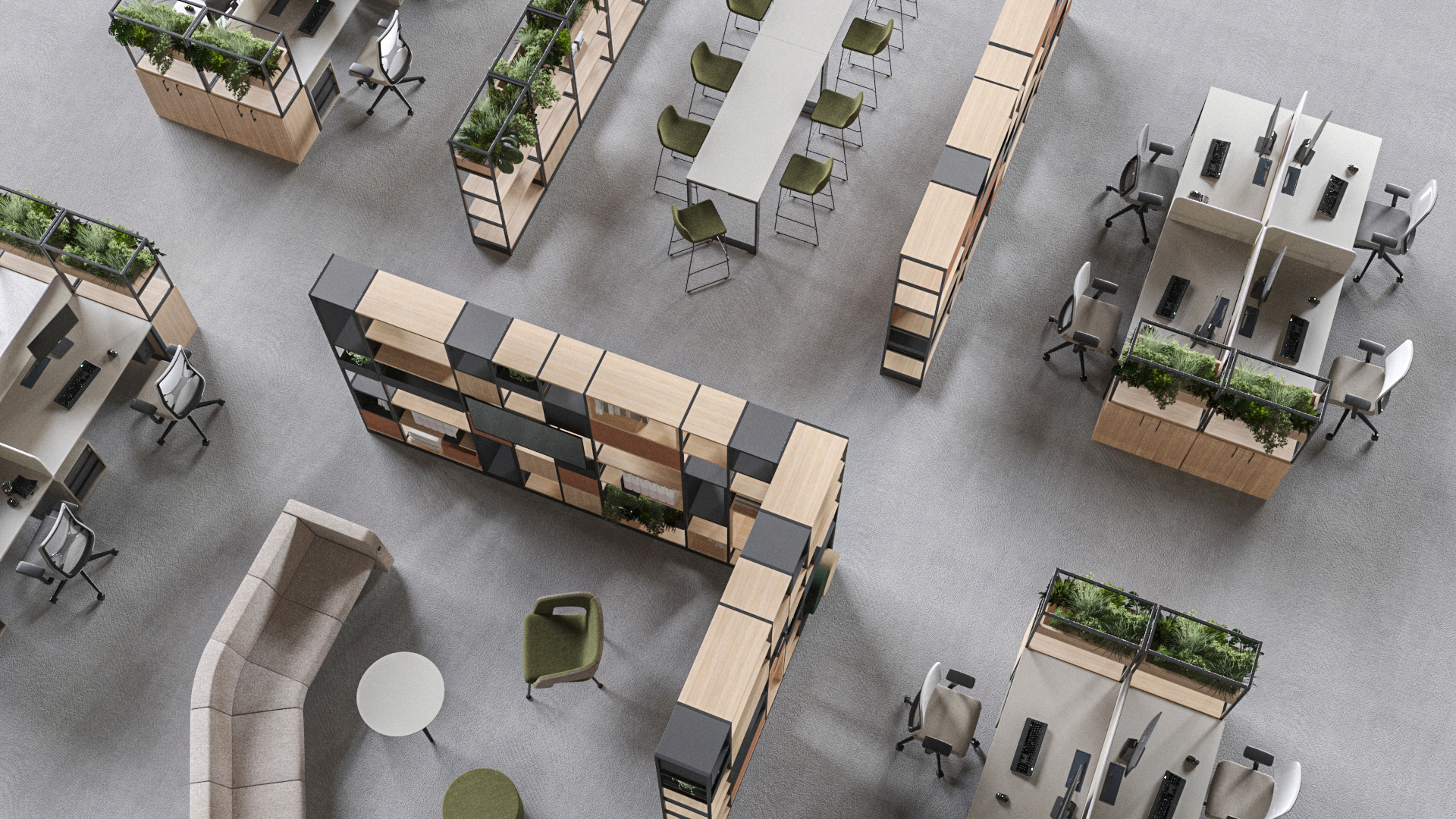 Segment workspace from breakout zones and meeting areas in open plan office environments
