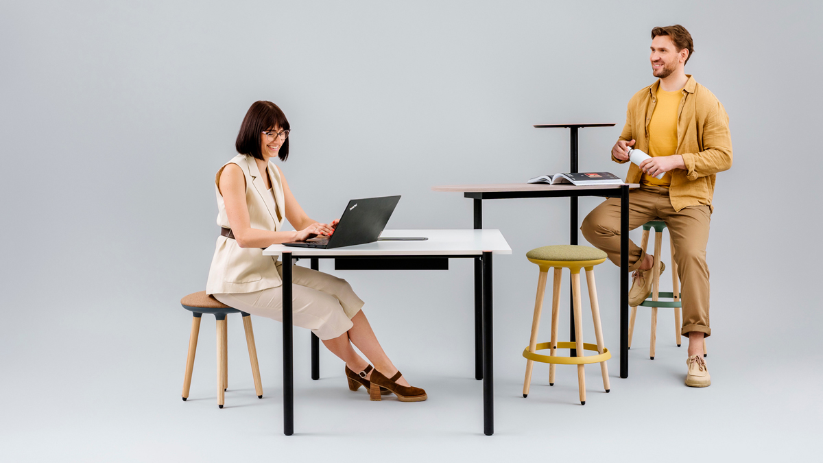 Cannie stools work for standard desk heights and raised working surfaces