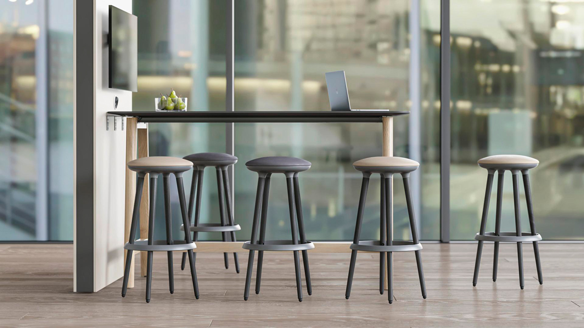 Cannie high stools with Media Wall breakout high meeting table