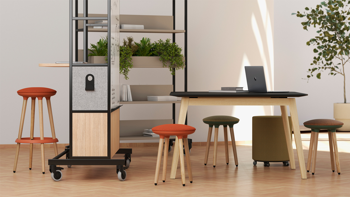Cannie stools with Nova Wood meeting table and Worklab mobile workstation 