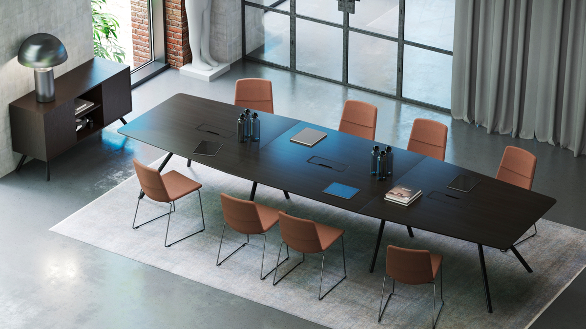 Meeting tables are available up to 12 seats in size and offer integrated cable management
