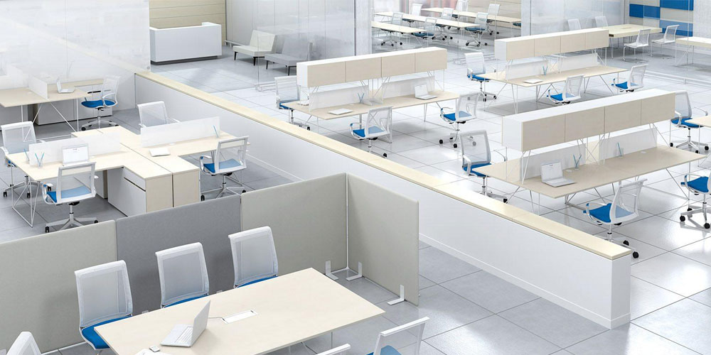 Air bench desks and meeting tables can be used throughout the space to create a flexible office layout