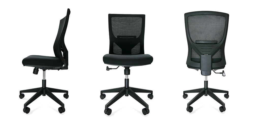 Available from stock with black mesh back and black fabric seat. Other fabric options are available to order.