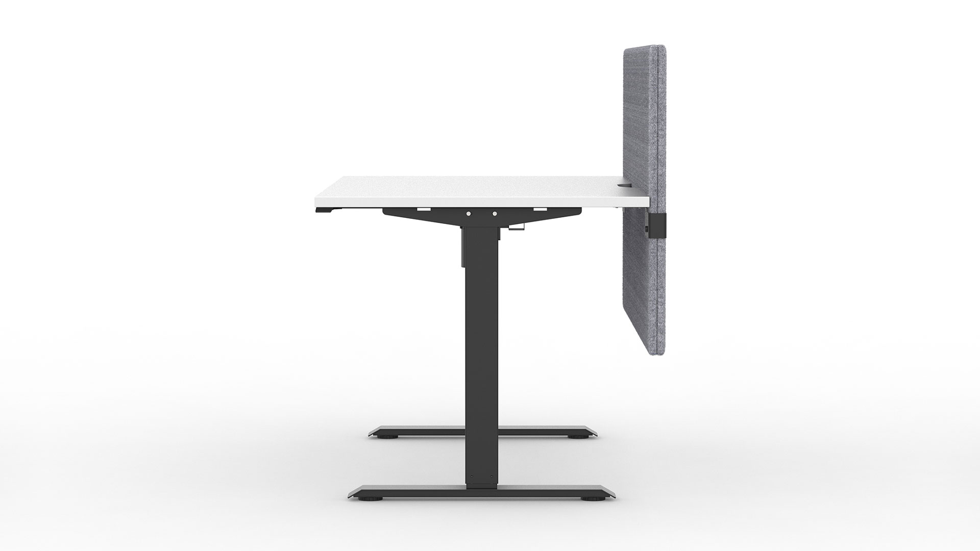 Acoustic desk screens are double-sided and attach to the desktop, maintaining privacy when the desk is raised.