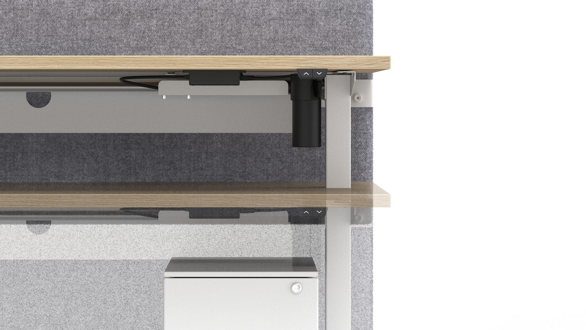 The anti-collision safety system detects obstacles beneath the desk during height adjustment