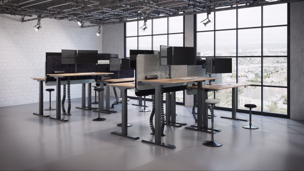 Alto 2 single sit-stand desks with Kardo monitor arms, Boost power modules, Linx cable spines and Sway Stools.