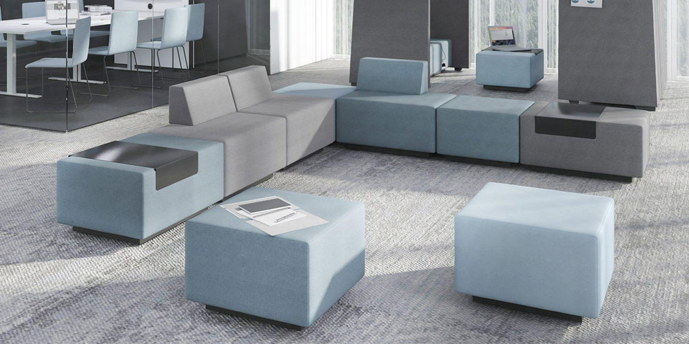 JAZZ CHILL OUT soft seating in Light Blue and Light Grey Gabriel Step fabric.