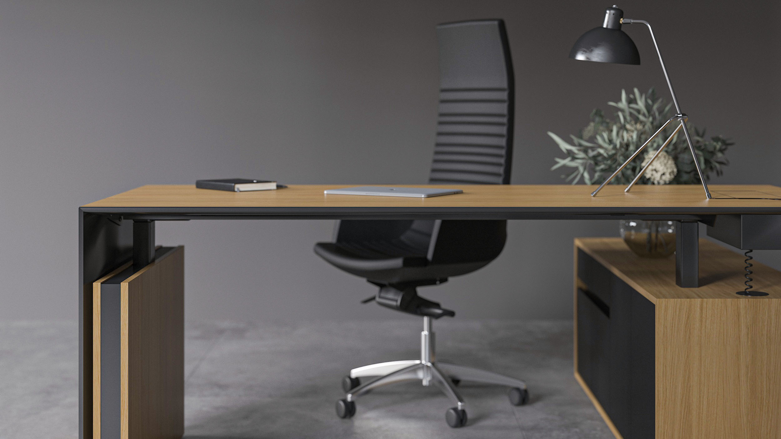 Height adjustable legs and frame are hidden by the sleek panel end