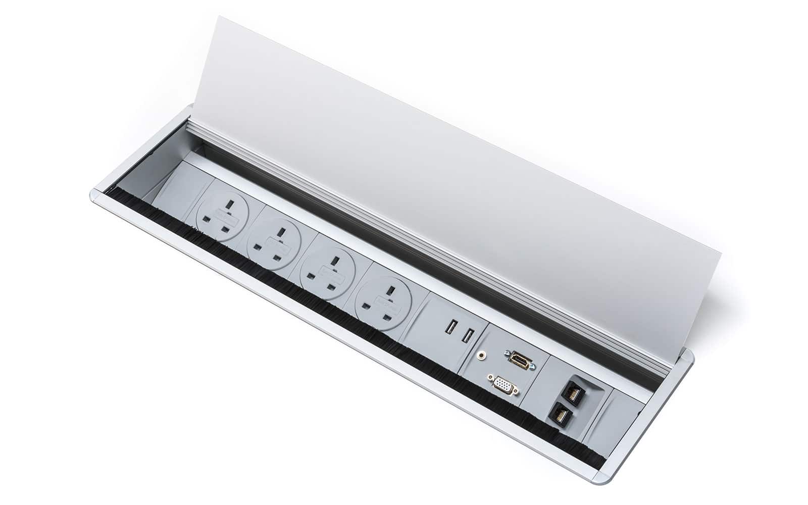 Access is a premium in-desk power module made with an all metal surround and lid. Discreetly covers any clutter while allowing cables to neatly pass onto the work surface.