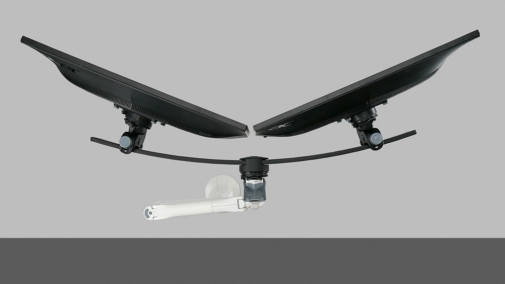 The curved twin screen rail allows the user to mount up to two 27&quot; screens at optimal viewing angles.