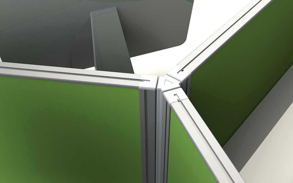 Screens can be mounted at right angles or even at 120 degree angles to create unique partition arrangements.