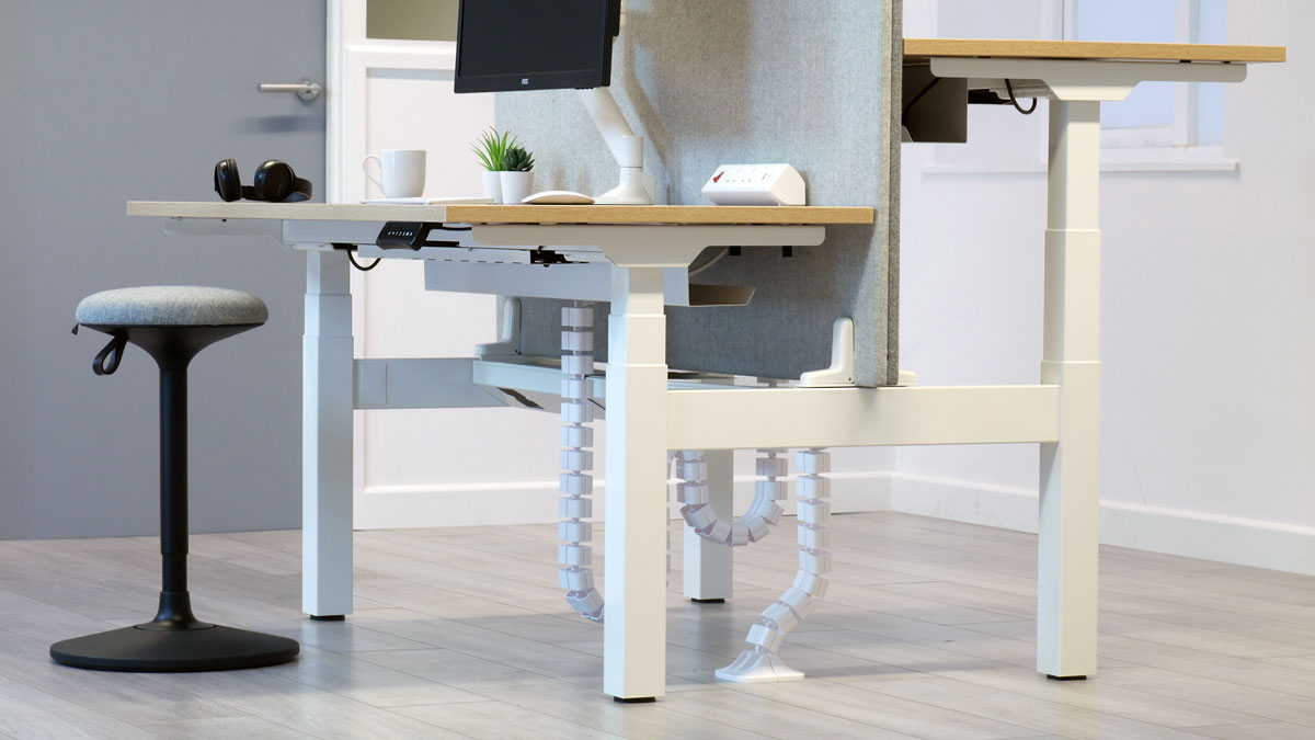 Alto 2 bench with Levo monitor arm, Boost desktop power, Linx cable management and Wobby Task Stool.