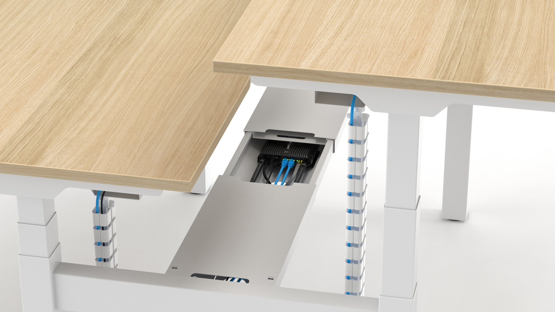 Optional high capacity shared tray with sliding lid, for cables, routers and network switches